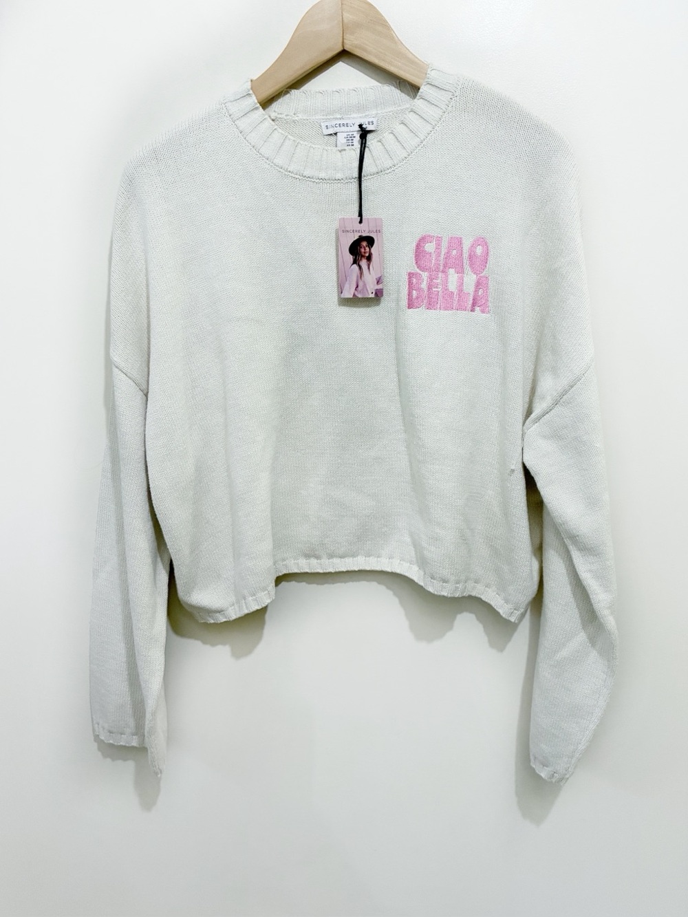 Sincerely Jules Ciao Bella Embroidered Logo Crop Knit Sweater Medium Cream New
